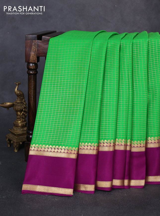 Pure mysore silk saree green and purple with allover small zari woven checked pattern and rettapet zari woven border