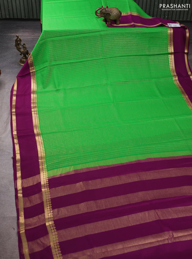 Pure mysore silk saree green and purple with allover small zari woven checked pattern and rettapet zari woven border