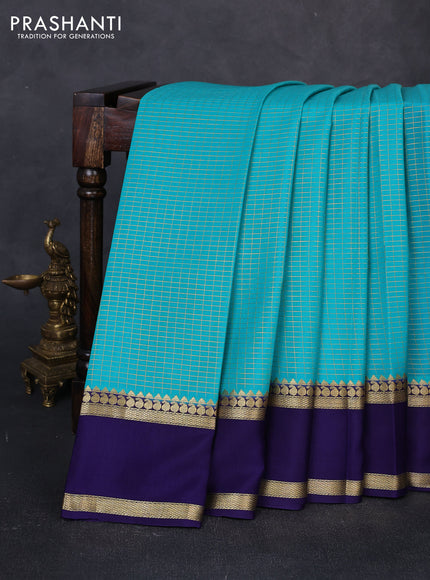 Pure mysore silk saree teal blue and violet with allover small zari woven checked pattern and rettapet zari woven border