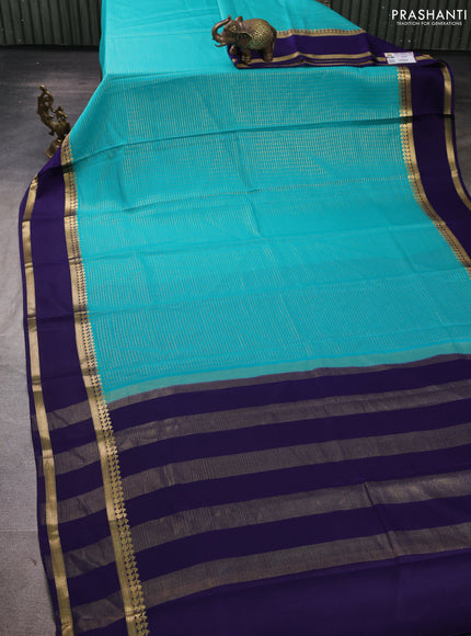Pure mysore silk saree teal blue and violet with allover small zari woven checked pattern and rettapet zari woven border