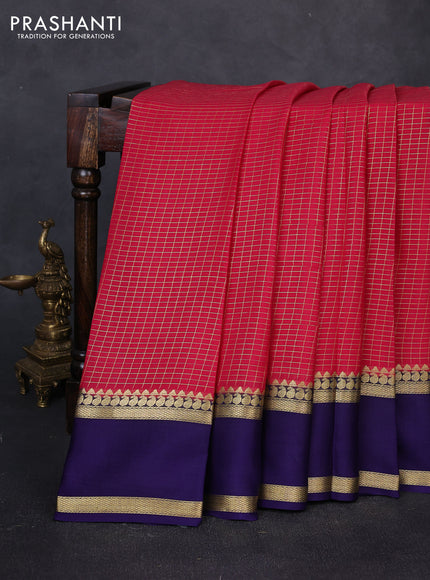 Pure mysore silk saree pink and violet with allover small zari woven checked pattern and rettapet zari woven border