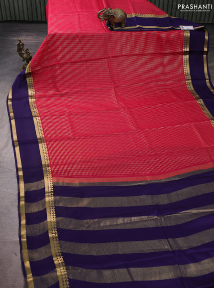 Pure mysore silk saree pink and violet with allover small zari woven checked pattern and rettapet zari woven border