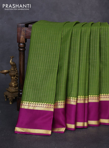 Pure mysore silk saree green and purple with allover small zari woven checked pattern and rettapet zari woven border