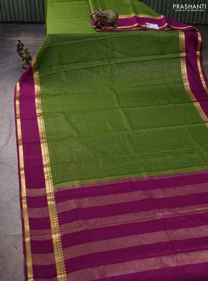 Pure mysore silk saree green and purple with allover small zari woven checked pattern and rettapet zari woven border