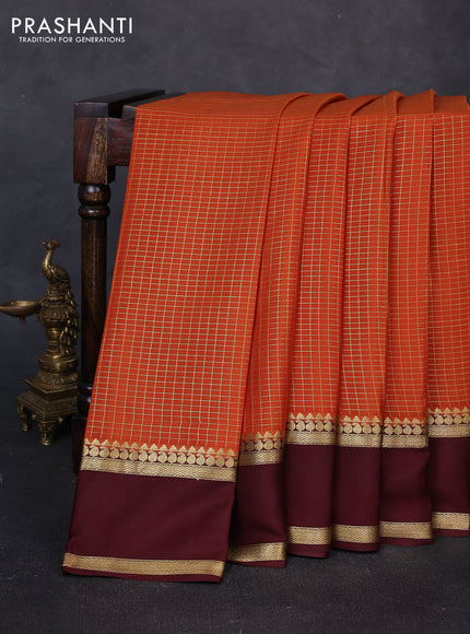 Pure mysore silk saree rustic orange and brown with allover small zari woven checked pattern and rettapet zari woven border