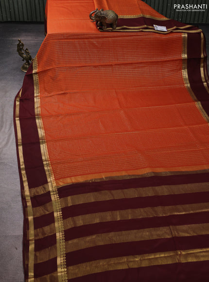 Pure mysore silk saree rustic orange and brown with allover small zari woven checked pattern and rettapet zari woven border