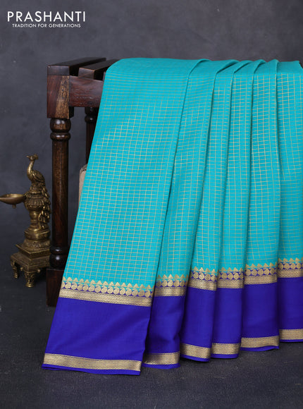 Pure mysore silk saree teal blue and blue with allover small zari woven checked pattern and rettapet zari woven border