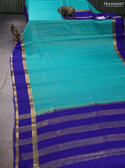 Pure mysore silk saree teal blue and blue with allover small zari woven checked pattern and rettapet zari woven border