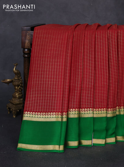 Pure mysore silk saree maroon and green with allover small zari woven checked pattern and rettapet zari woven border