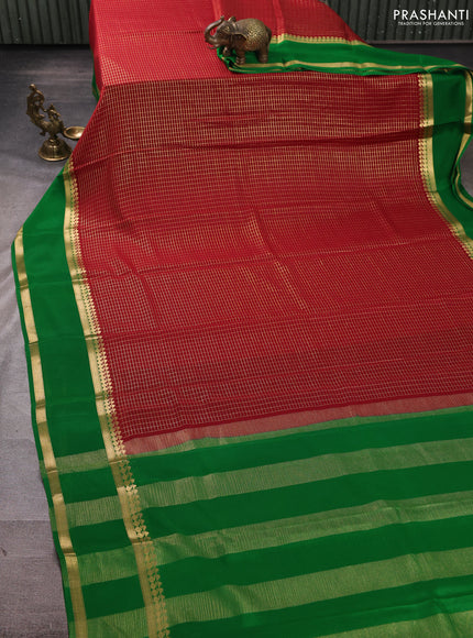 Pure mysore silk saree maroon and green with allover small zari woven checked pattern and rettapet zari woven border