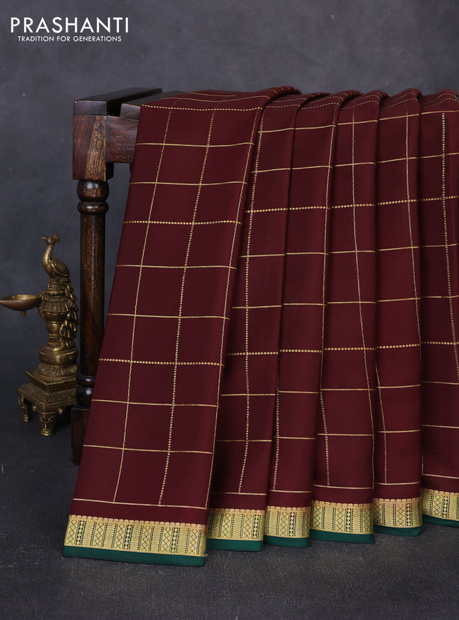 Pure mysore silk saree coffee brown and green with allover zari woven checked pattern and zari woven border