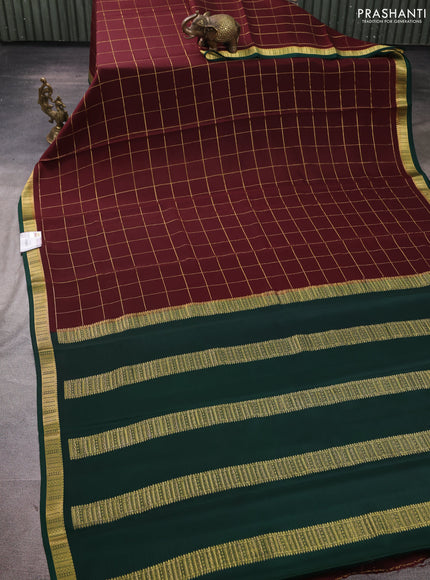 Pure mysore silk saree coffee brown and green with allover zari woven checked pattern and zari woven border