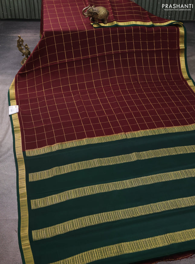 Pure mysore silk saree coffee brown and green with allover zari woven checked pattern and zari woven border