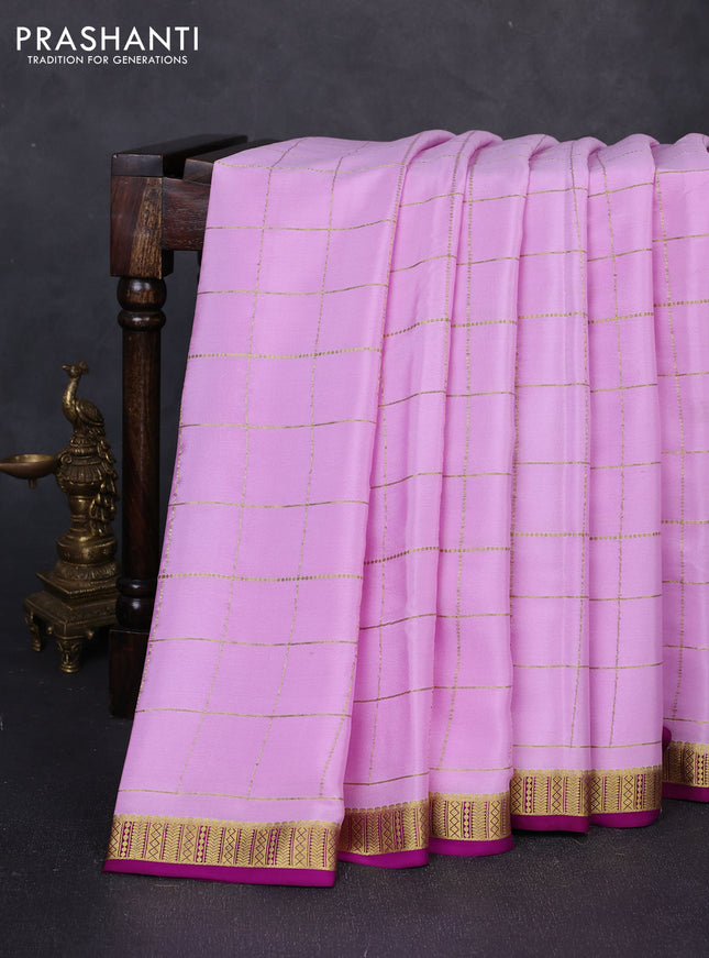 Pure mysore silk saree lavender and purple with allover zari woven checked pattern and zari woven border