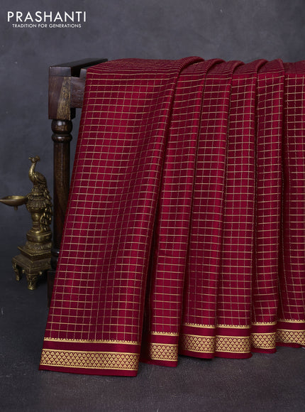 Pure mysore silk saree maroon with allover small zari woven checked pattern and zari woven border