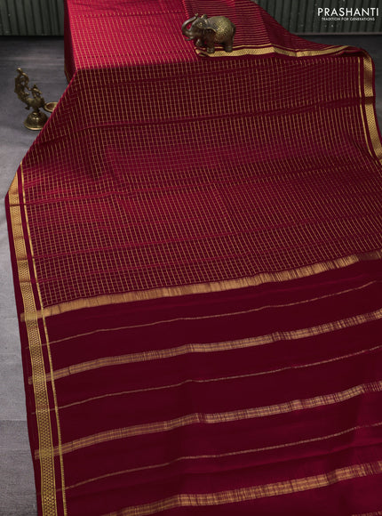 Pure mysore silk saree maroon with allover small zari woven checked pattern and zari woven border