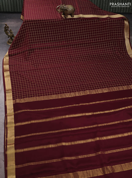 Pure mysore silk saree coffee brown with allover small zari woven checked pattern and zari woven border