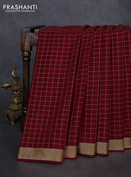 Pure mysore silk saree maroon with allover small zari woven checked pattern and zari woven border