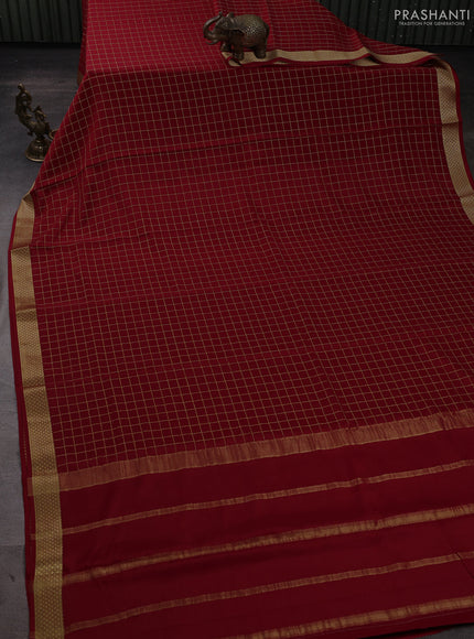 Pure mysore silk saree maroon with allover small zari woven checked pattern and zari woven border