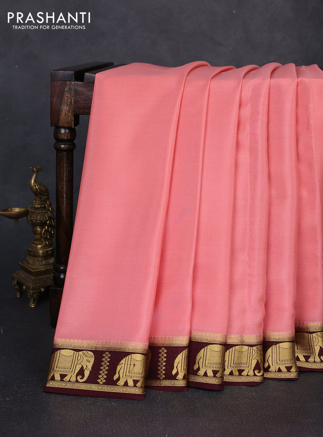 Pure mysore silk saree peach pink and coffee brown with plain body and zari woven border