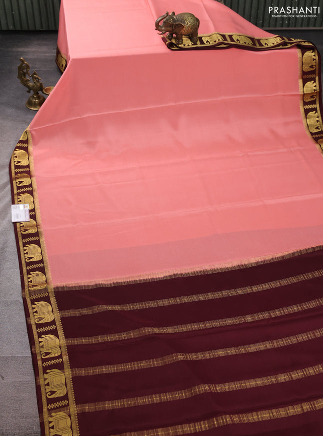 Pure mysore silk saree peach pink and coffee brown with plain body and zari woven border