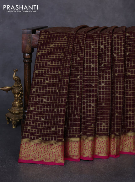 Pure mysore silk saree coffee brown and pink with allover small zari checks & buttas and zari woven border