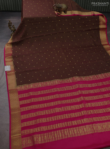 Pure mysore silk saree coffee brown and pink with allover small zari checks & buttas and zari woven border
