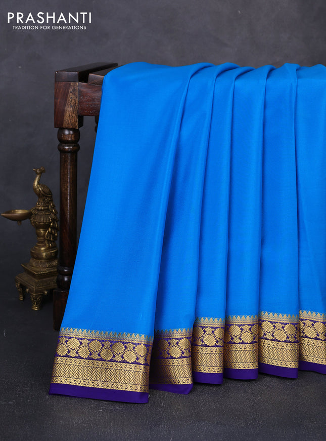 Pure mysore silk saree blue and violet with plain body and zari woven border