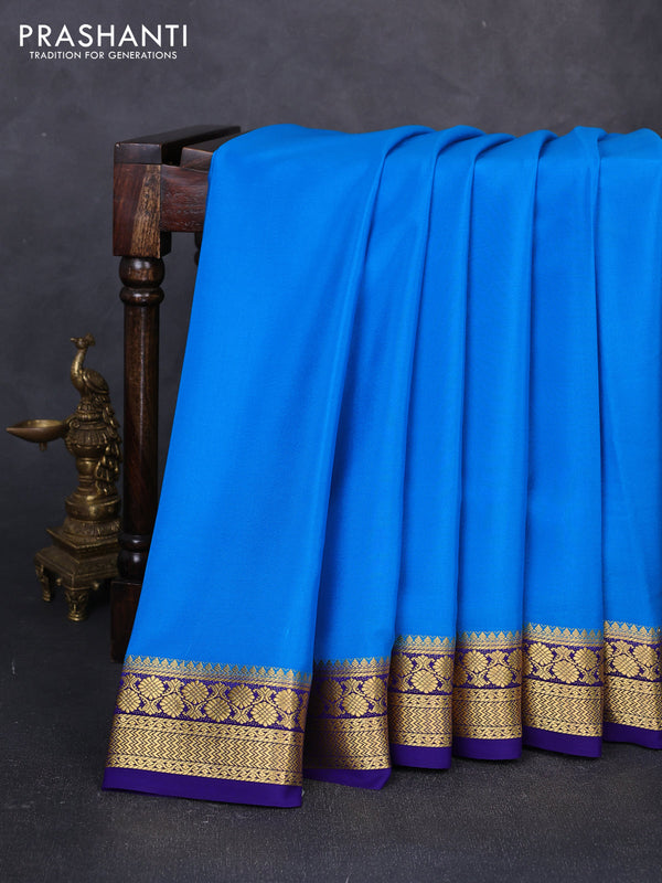 Pure mysore silk saree blue and violet with plain body and zari woven border