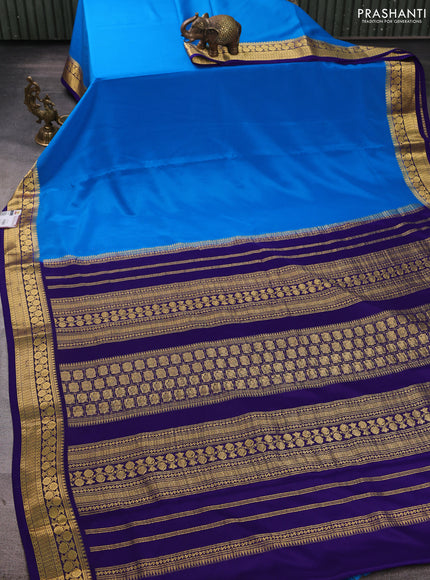 Pure mysore silk saree blue and violet with plain body and zari woven border