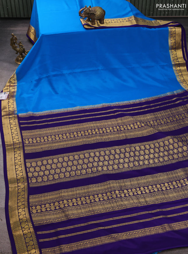 Pure mysore silk saree blue and violet with plain body and zari woven border