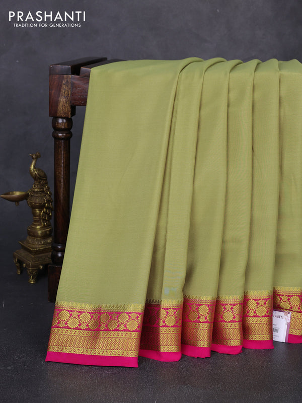 Pure mysore silk saree pista green and pink with plain body and zari woven border