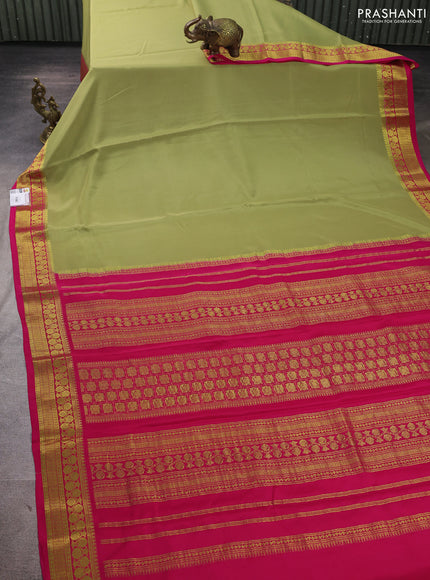 Pure mysore silk saree pista green and pink with plain body and zari woven border