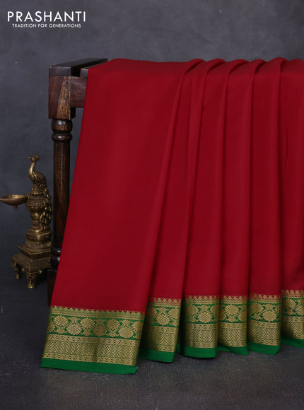 Pure mysore silk saree red and green with plain body and zari woven border