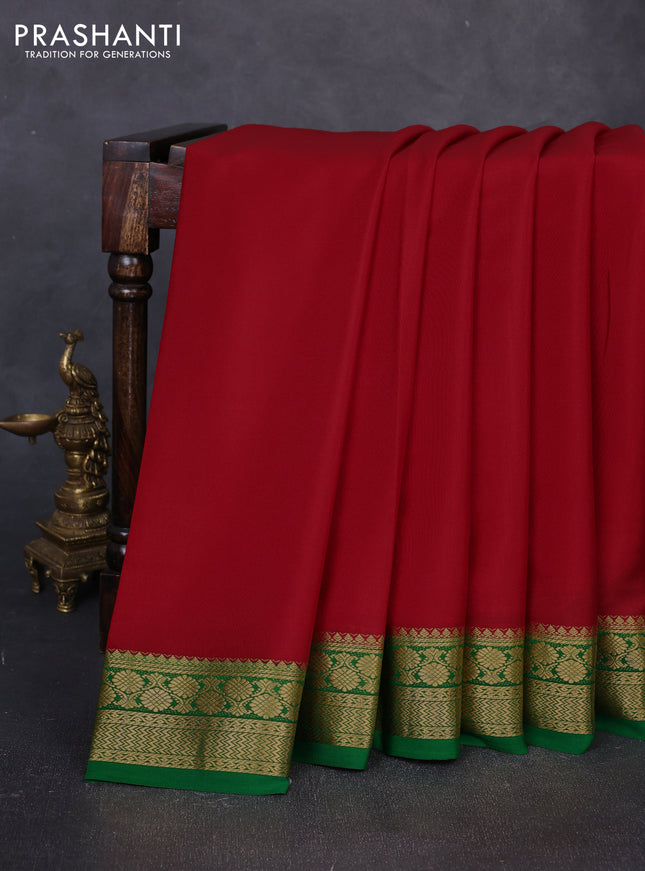 Pure mysore silk saree red and green with plain body and zari woven border