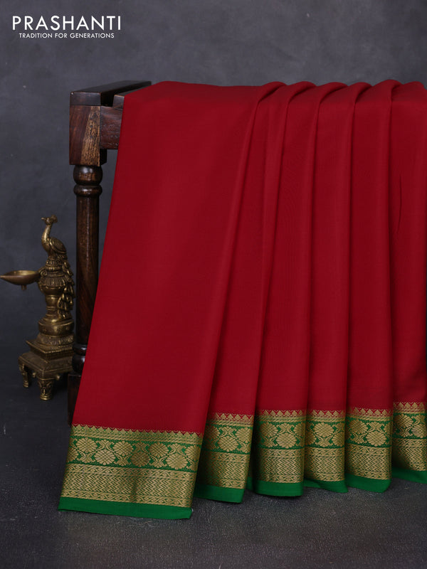 Pure mysore silk saree red and green with plain body and zari woven border