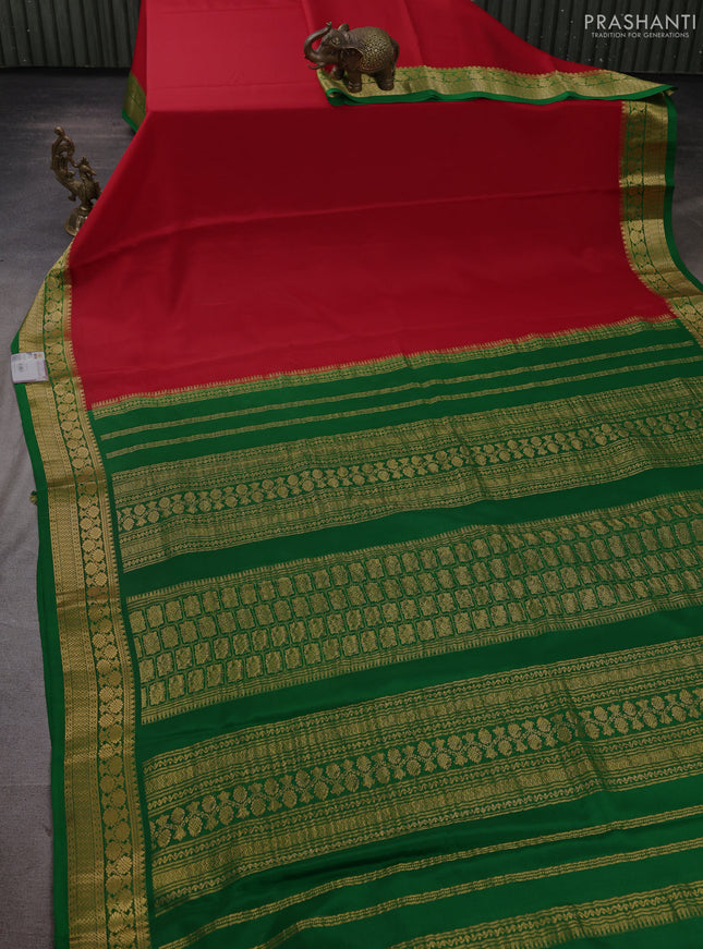 Pure mysore silk saree red and green with plain body and zari woven border