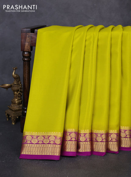 Pure mysore silk saree lime green and purple with plain body and zari woven border