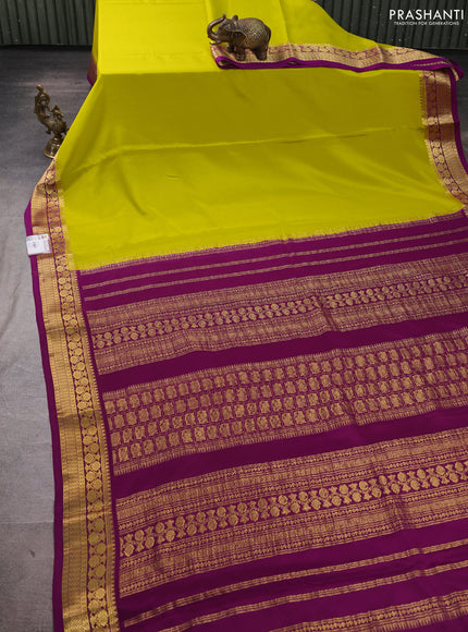 Pure mysore silk saree lime green and purple with plain body and zari woven border