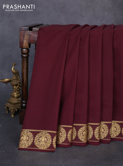 Pure mysore silk saree coffee brown with plain body and zari woven border