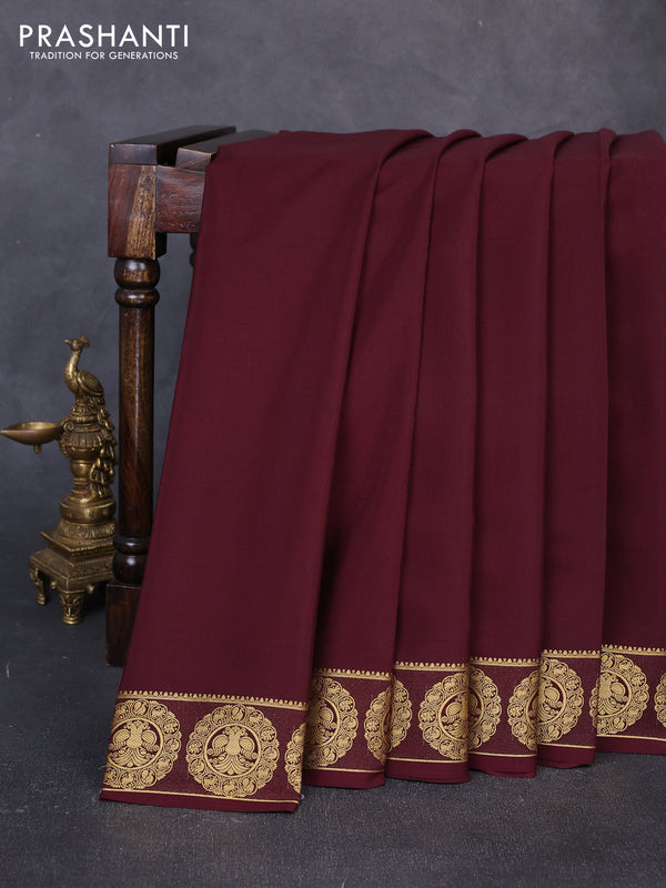 Pure mysore silk saree coffee brown with plain body and zari woven border