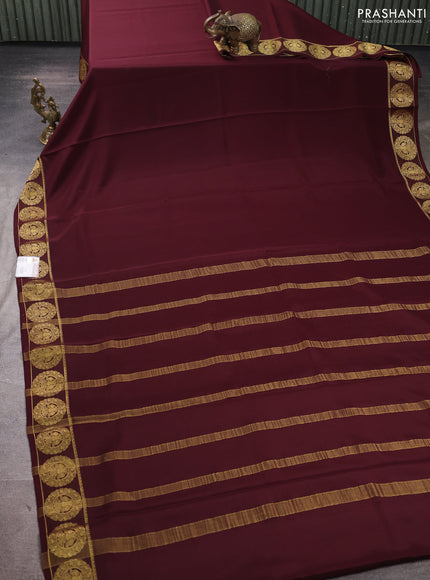 Pure mysore silk saree coffee brown with plain body and zari woven border