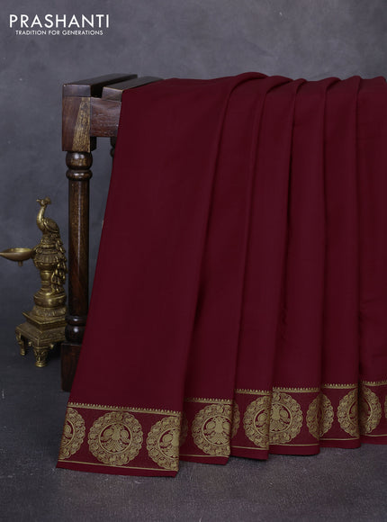 Pure mysore silk saree maroon with plain body and zari woven border