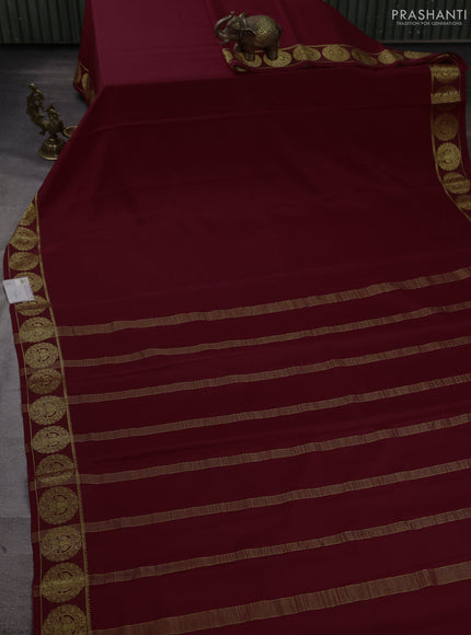 Pure mysore silk saree maroon with plain body and zari woven border