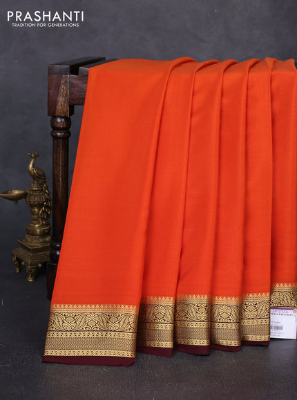 Pure mysore silk saree orange and coffee brown with plain body and zari woven border