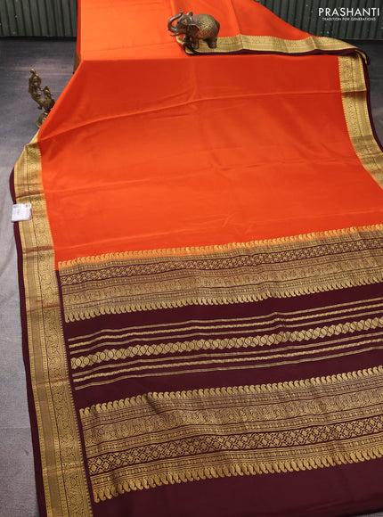 Pure mysore silk saree orange and coffee brown with plain body and zari woven border