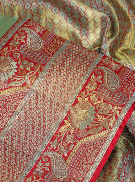 Pure kanchipuram tissue silk saree teal shade and red with allover zari woven brocade weaves and long floral zari woven border