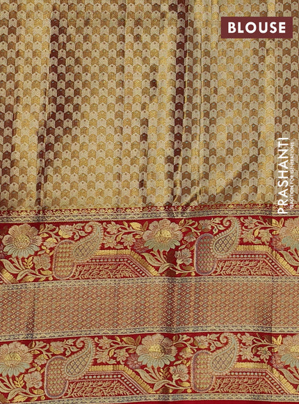 Pure kanchipuram tissue silk saree teal shade and red with allover zari woven brocade weaves and long floral zari woven border