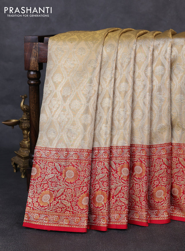 Pure kanchipuram tissue silk saree sandal and red with allover zari woven brocade weaves and floral zari woven border