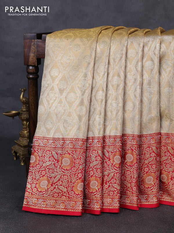 Pure kanchipuram tissue silk saree sandal and red with allover zari woven brocade weaves and floral zari woven border